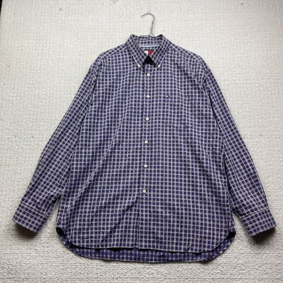 Tommy Hilfiger Dress Button Up Dress Shirt Mens L Purple Plaid Long Sleeve - Picture 1 of 11